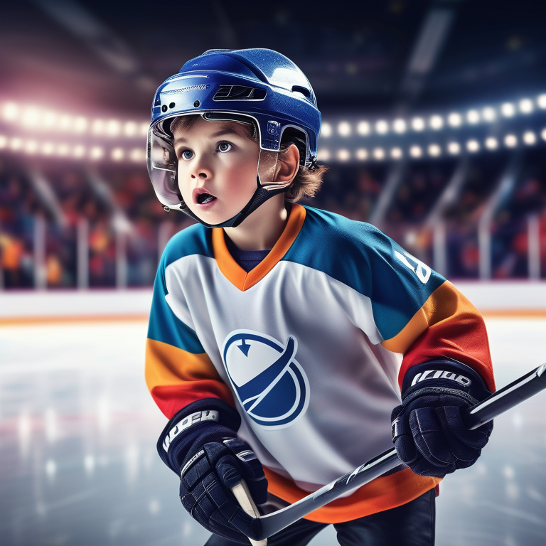 A child in hockey gear intently making a shot on goal in a brightly lit ice rink.