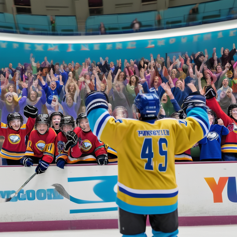 Animated youth hockey players celebrate a goal on the rink with fans cheering in the background.